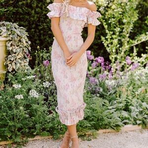 V. Chapman Pink Floral Off-Shoulder Midi Dress